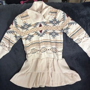 Gymboree Cream and Blue Patterned Cowl Neck Sweater